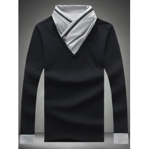 Shawl Collar Zipper Design Color Block T-Shirt - Black Xl