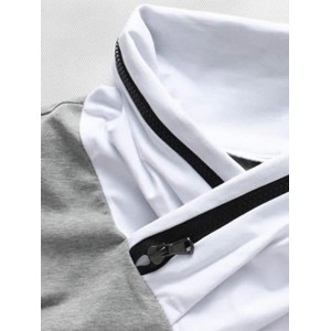 Shawl Collar Zipper Design Color Block T-Shirt - Black Xl