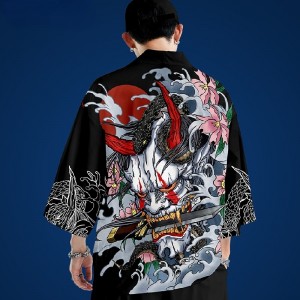 5XL 6XL Japanese Traditional Demon Print Kimono Suit Cosplay Samurai Haori Obi Women Men Cardigan Beach Yukata Set Asian Clothes