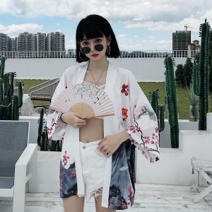 INS White Black Fairy Crane Chinese Street Style Harajuku Japanese Fashion Kimono Women Cardigan Blouse Beach Clothes Samurai