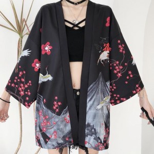 INS White Black Fairy Crane Chinese Street Style Harajuku Japanese Fashion Kimono Women Cardigan Blouse Beach Clothes Samurai