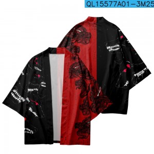 Japanese Traditional Dragon Print Color Matching Kimono Men Women Yukata Cardigan Red Black Cosplay Haori Samurai Clothing