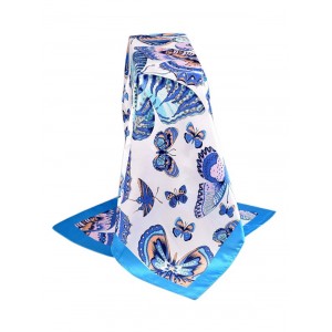 Butterfly Print Satin Silky Square Scarf - Dodger Blue
