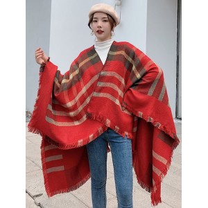 Checkered Fringed Travel Cape Shawl - Red