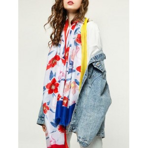 Flower Printed Color-blocking Fringe Beach Scarf - Red